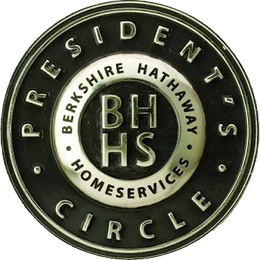 Berkshire Hathaway HomeServices President's Circle logo: Black and silver circular emblem with text and 