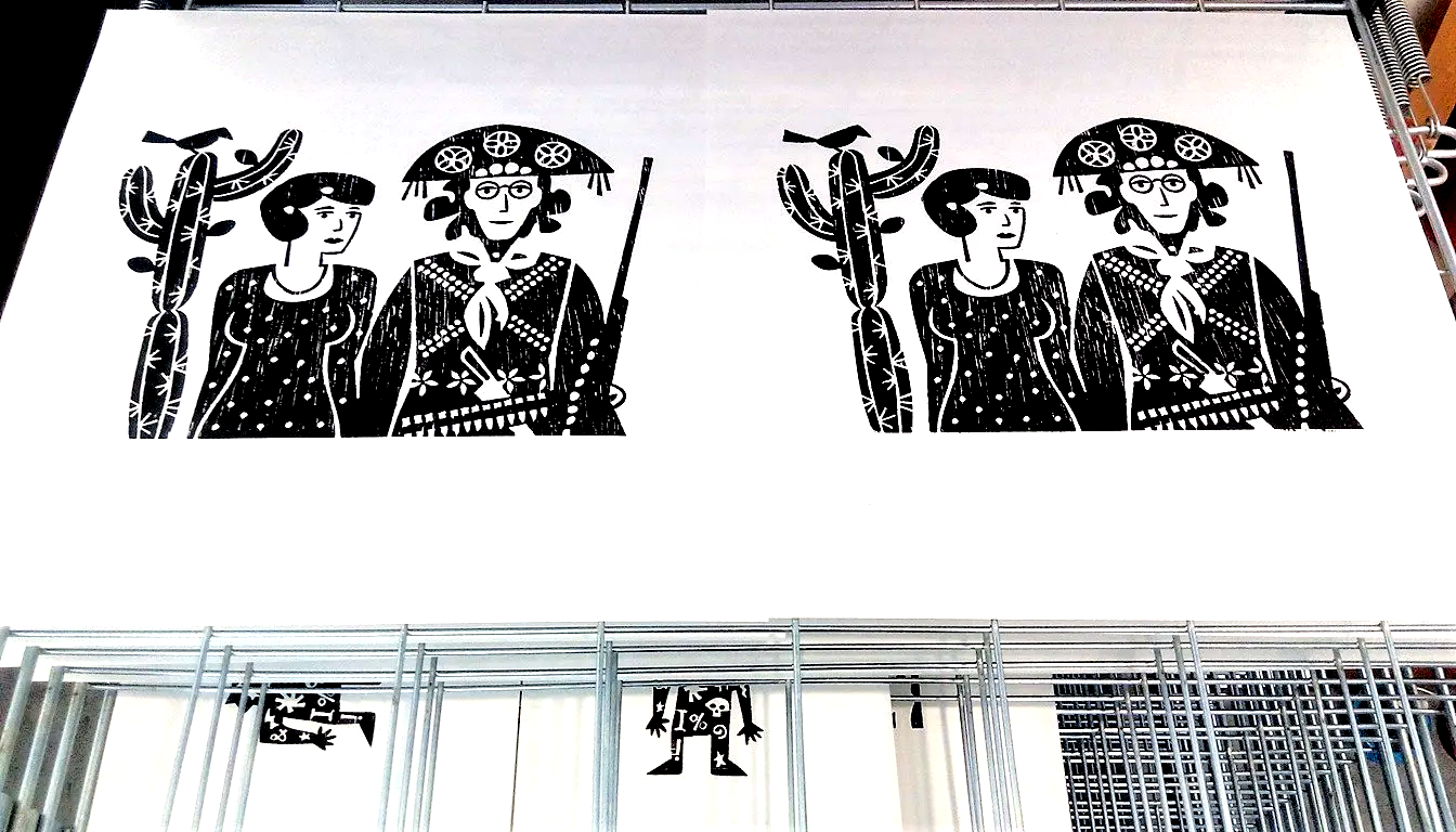 xilogravura impressão lampião e maria bonita secando empilhadeira edgard bittencourt natureza maluca