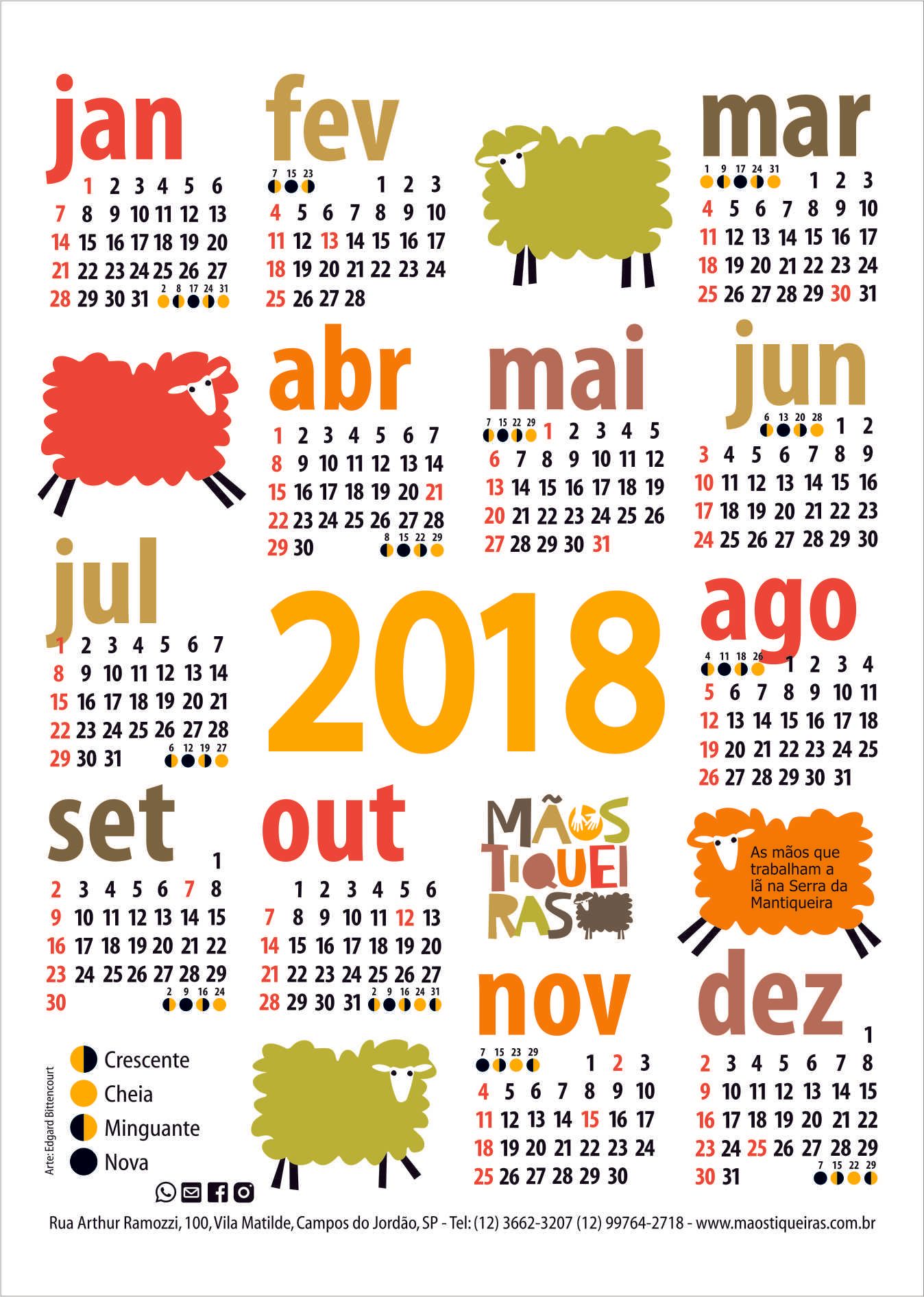 calendário 2018 desenho ovelhas coloridas mãostiquiera loja campos do jordão edgard bittencourt natureza maluca