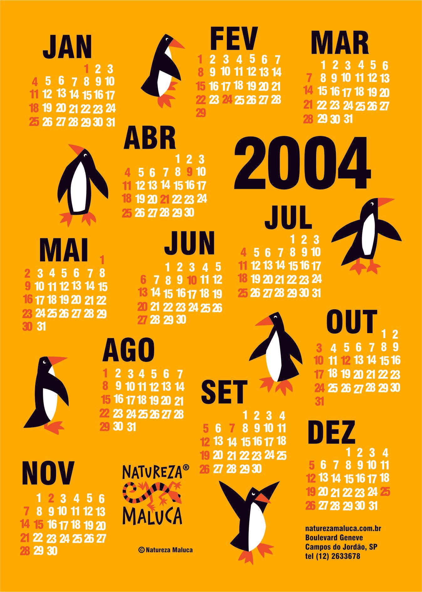 calendário 2004 desenho pinguim edgard bittencourt natureza maluca