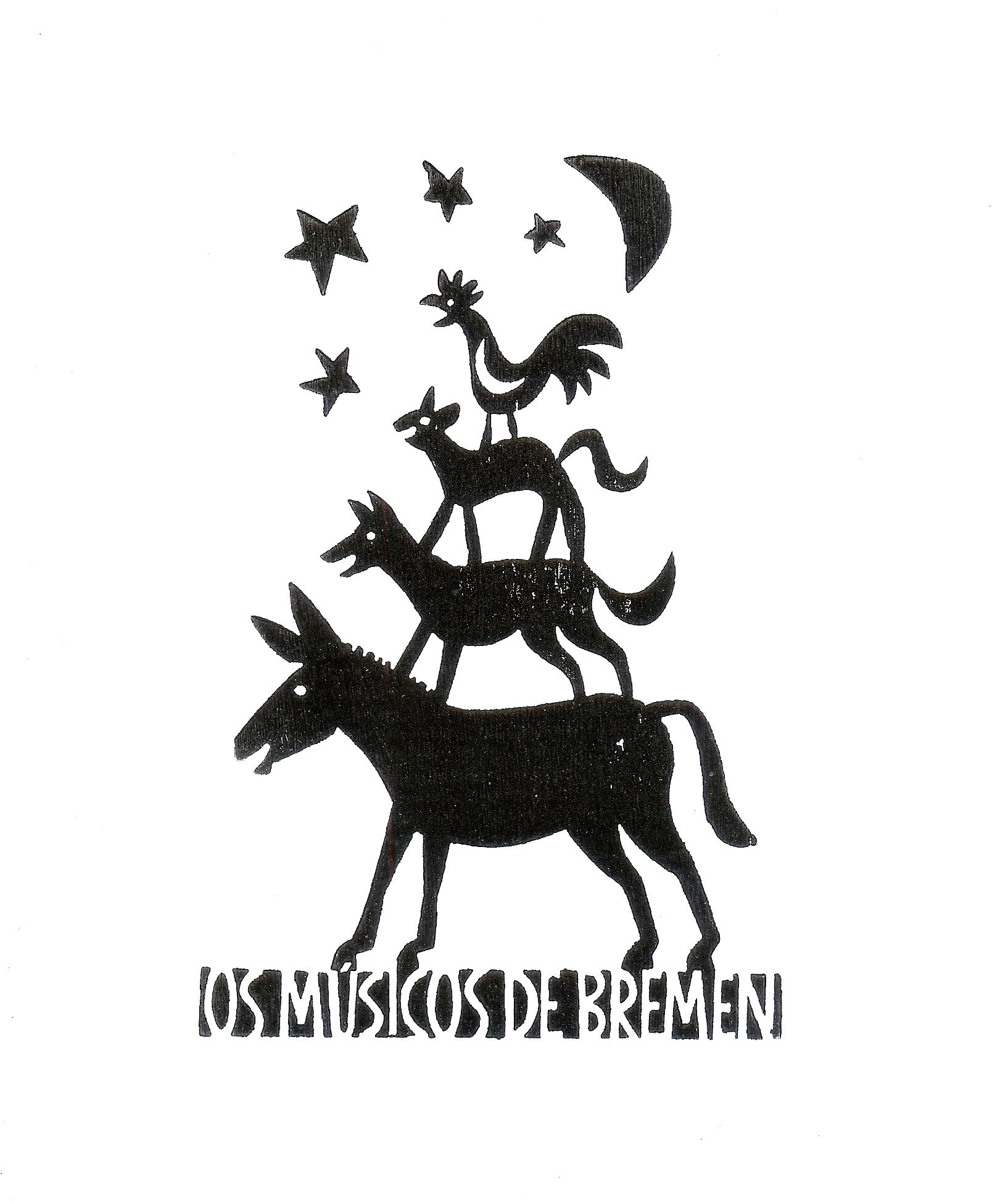 xilogravura desenho os músicos de bremen animais burro cachorro galo gato edgard bittencourt natureza maluca