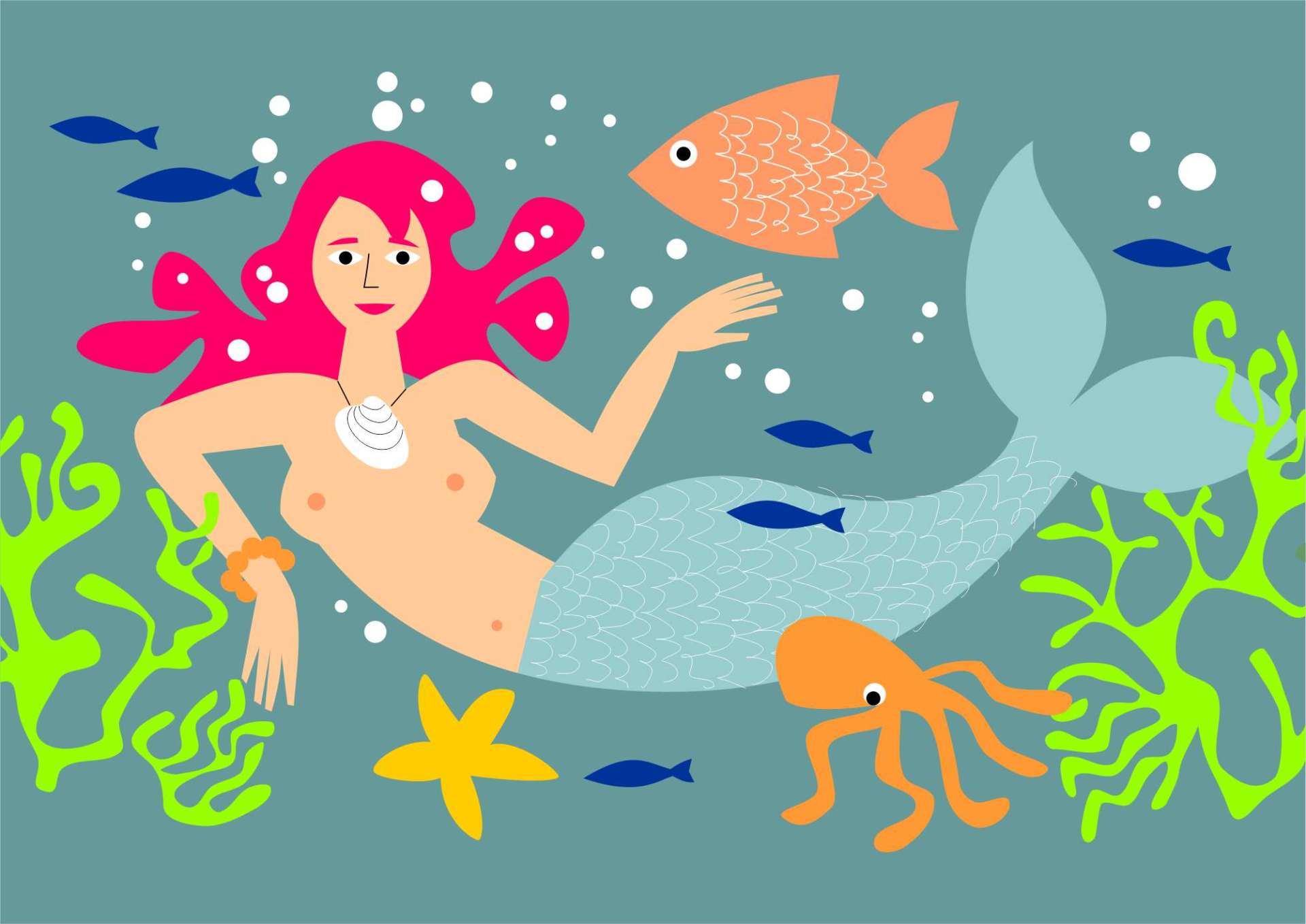 estampa desenho sereia ariel fundo do mar peixe polvo estrela do mar algas edgard bittencourt natureza maluca