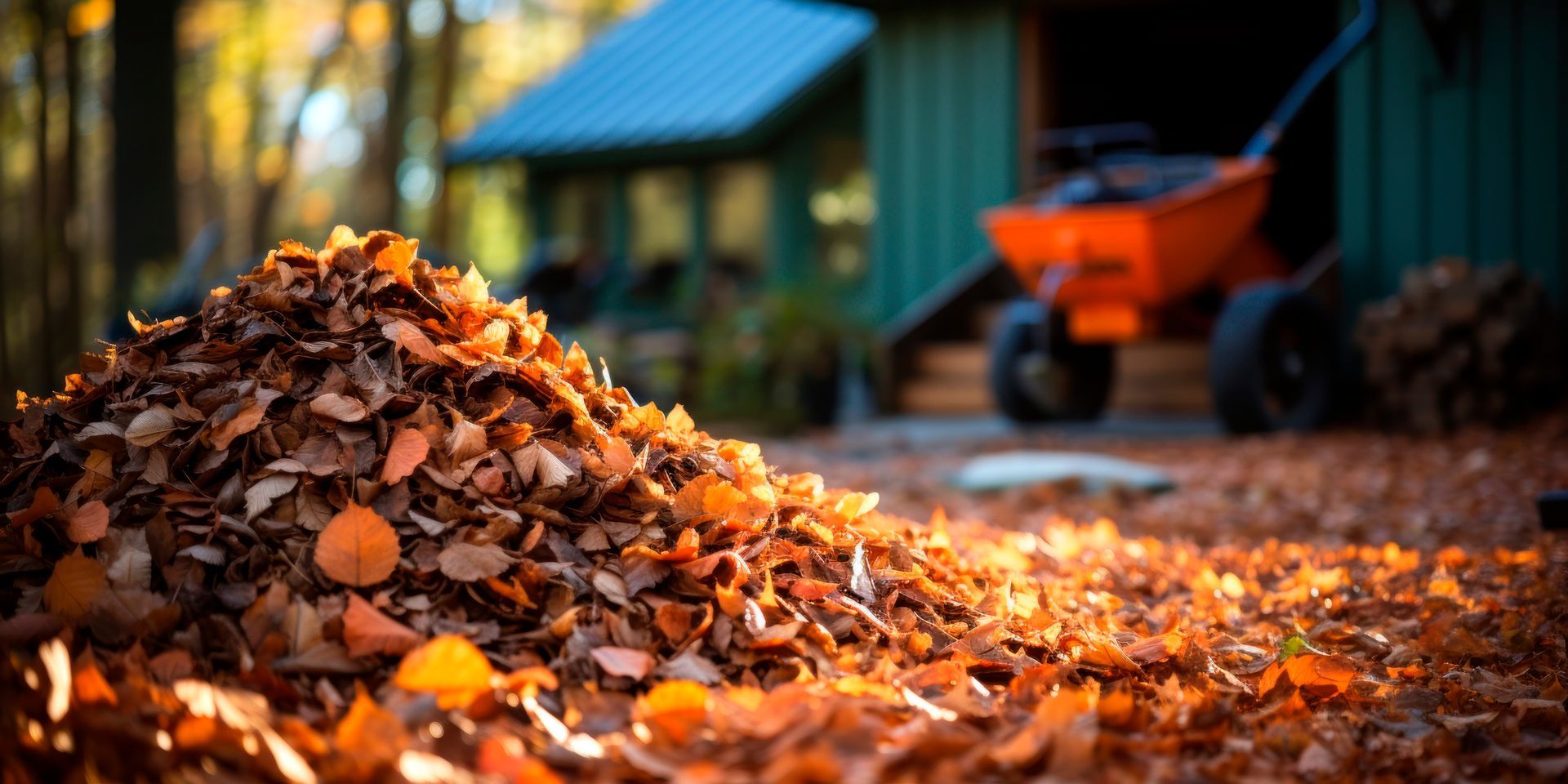 A pile of leaves is sitting on the ground in front of a house.