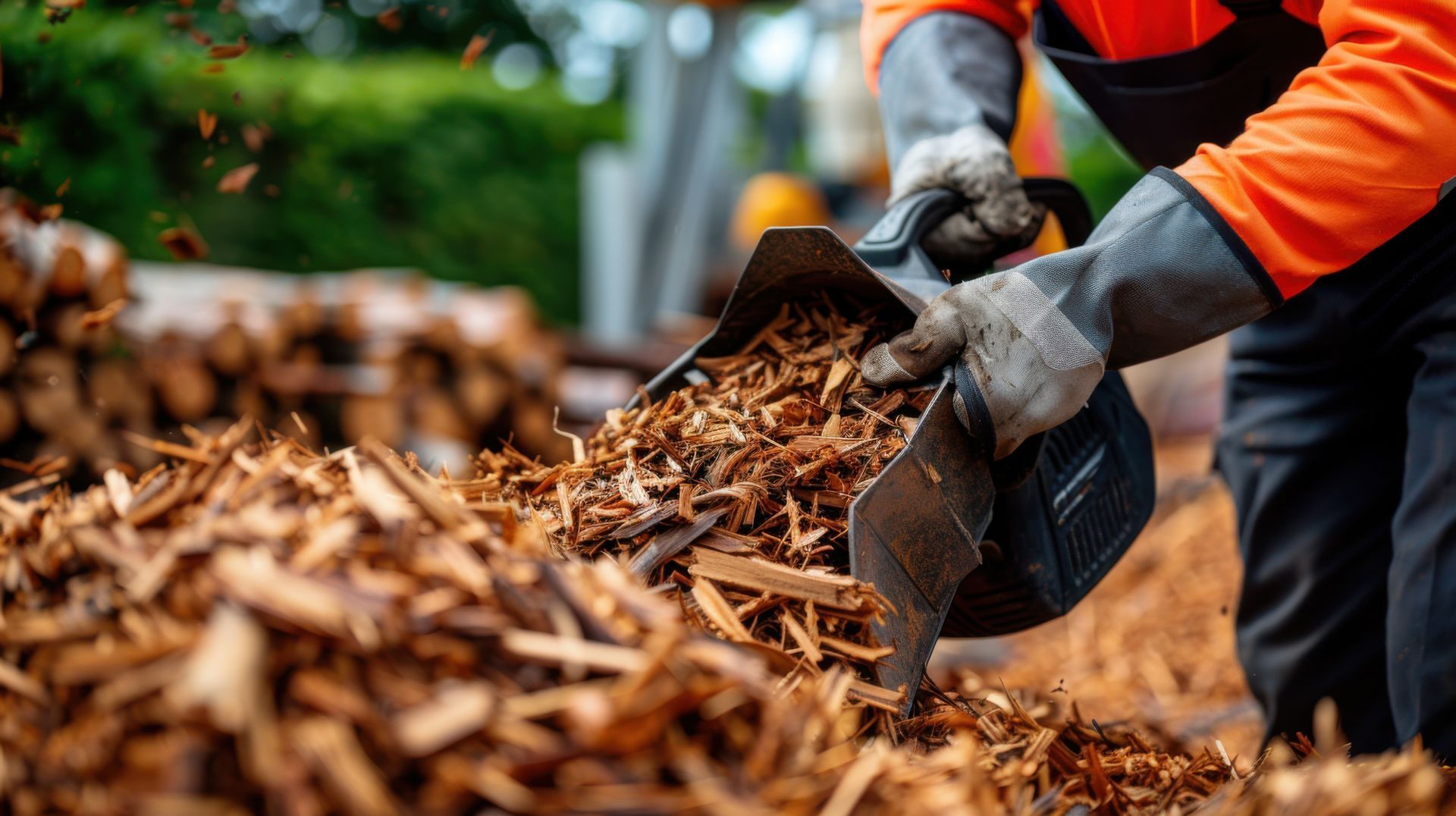 A man is pouring wood chips into a pile with a shovel.