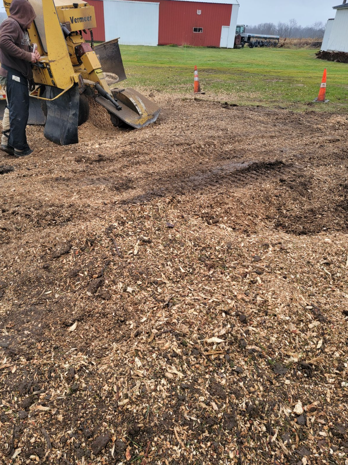 A man is using a machine to remove a tree stump.