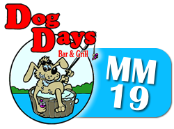 A logo for dog days bar and grill with a dog holding a fishing rod