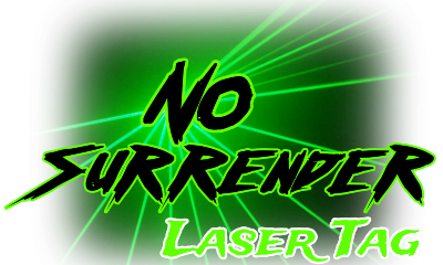 The logo for no surrender laser tag is green and black.