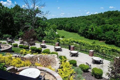 A patio with tables and chairs surrounded by trees and bushes