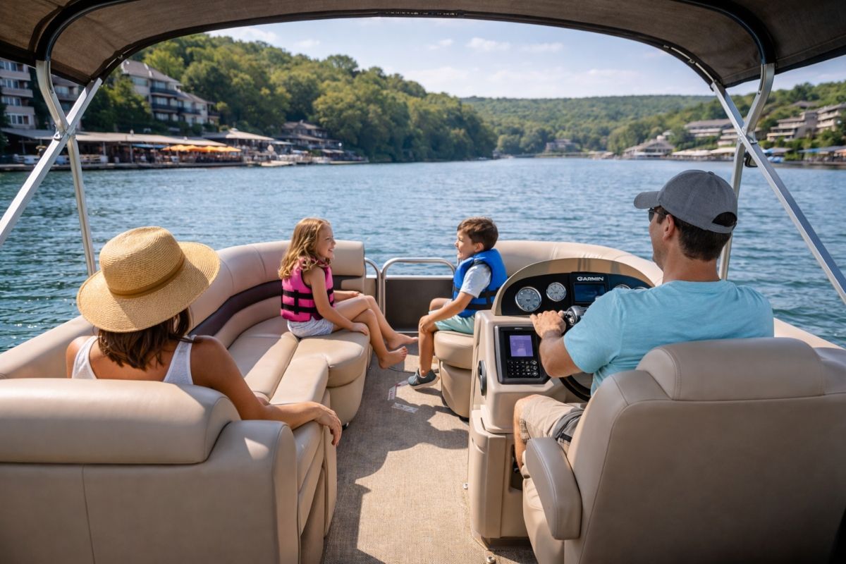 A family cruises on a pontoon boat through a sunny lake surrounded by green hills.