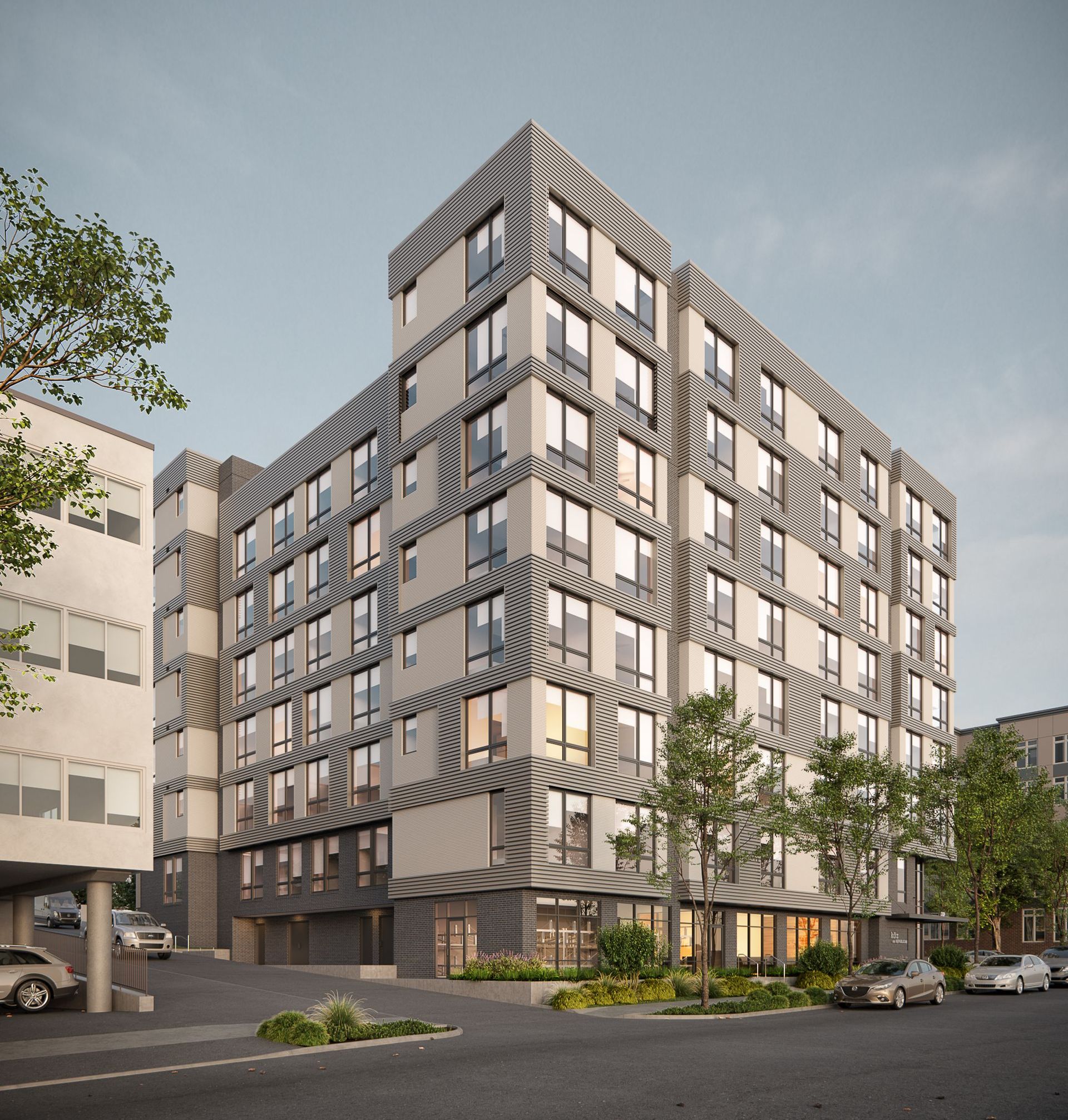 Digital rendering of a 7 story building, with other buildings nearby