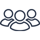 Three outlined people icons in dark blue-gray on a white background