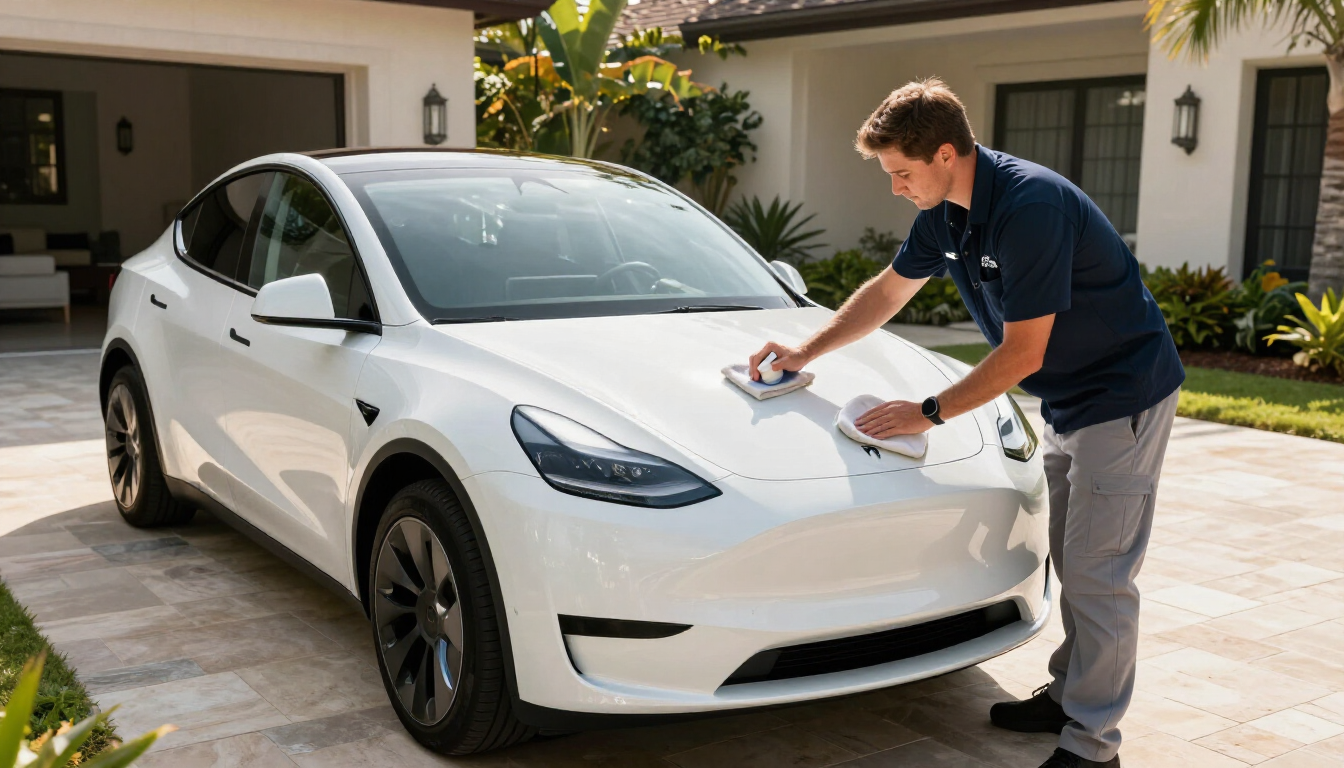 Professional mobile detailing service for a Tesla in Houston heat.