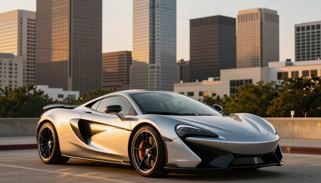 Luxury sports car detailed in Houston during sunset.