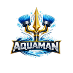 A logo featuring a golden trident flanked by blue cleaning brushes, resting on stylized water with the text "AQUAMAN".