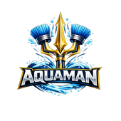 A logo featuring a golden trident flanked by blue cleaning brushes, resting on stylized water with the text 