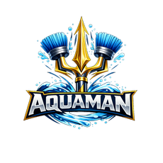 Aquaman logo with gold trident, blue water splashes, and two blue seashell brushes