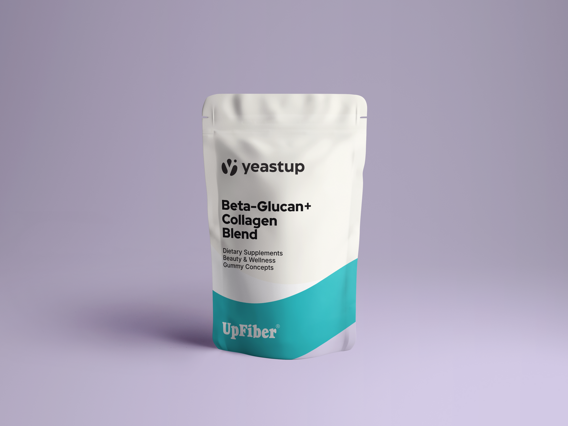 A white and teal pouch of yeastup Beta-Glucan+ Collagen Blend on a purple background.