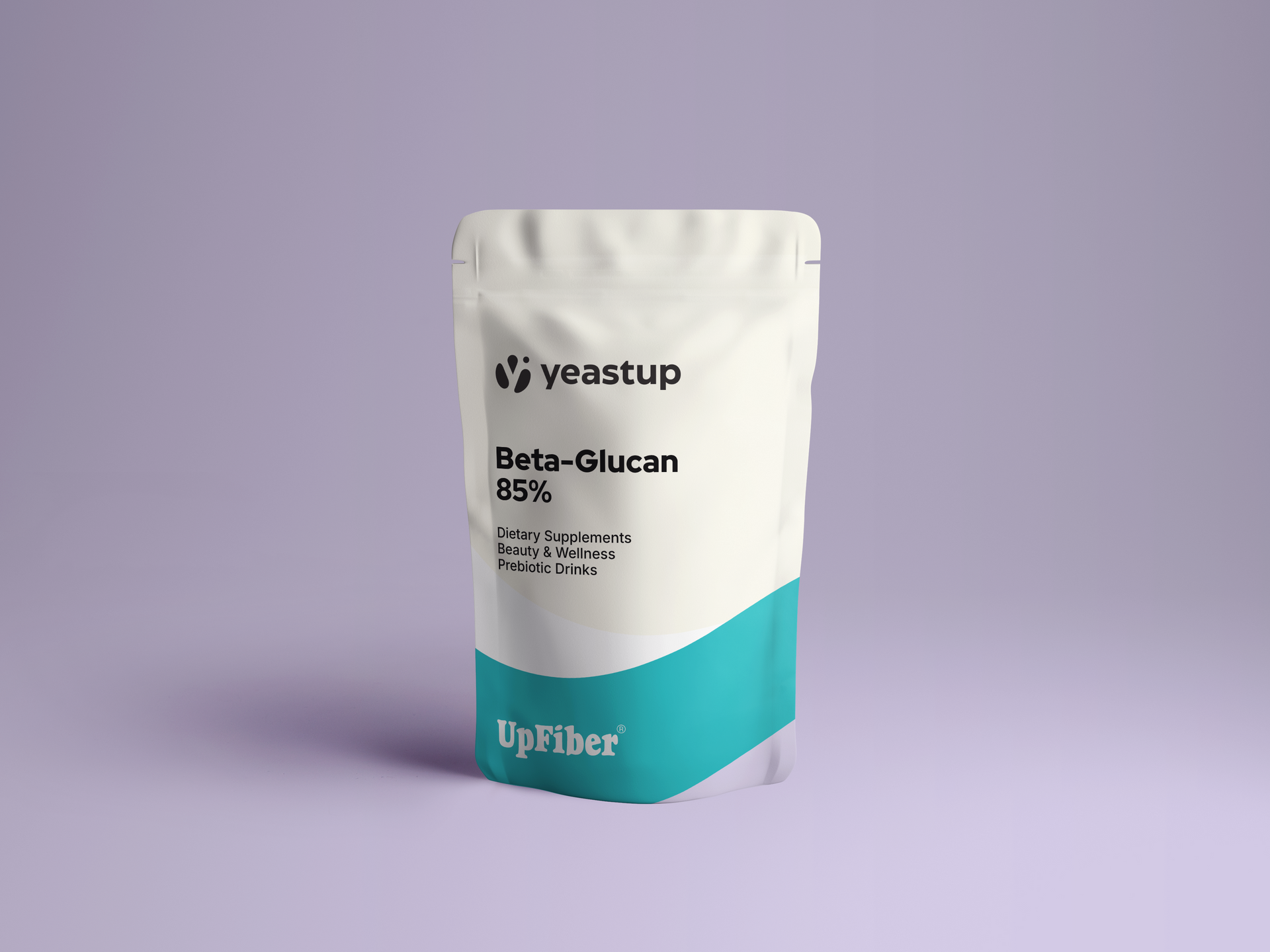 White pouch of yeastup Beta-Glucan 85% against a purple background; teal stripe at base.