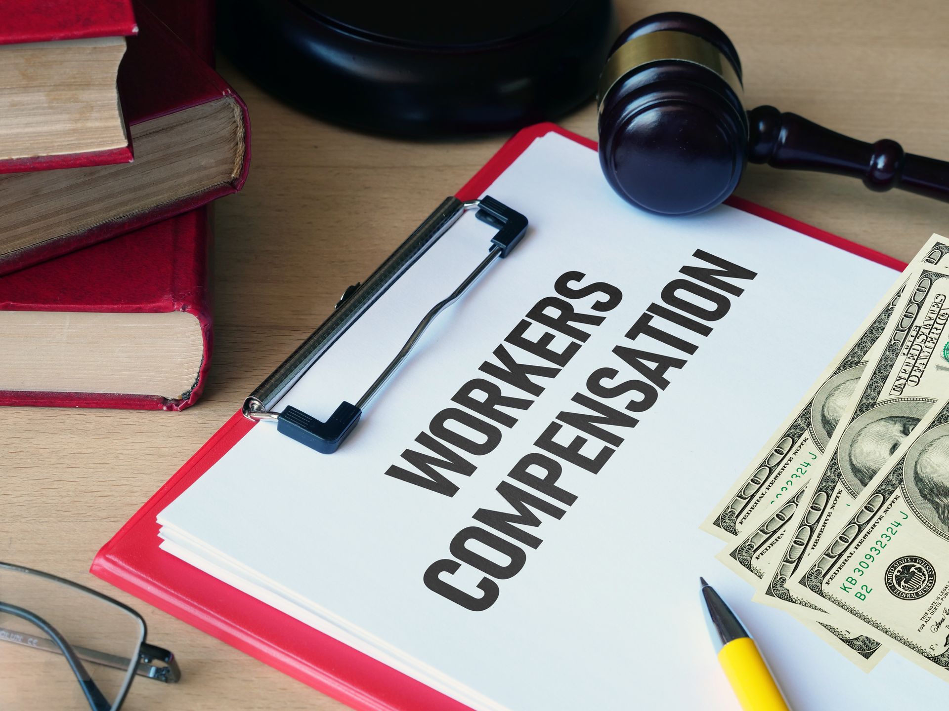 Workers compensation attorney paperwork with gavel, legal books, money, and pen on a wooden desk.