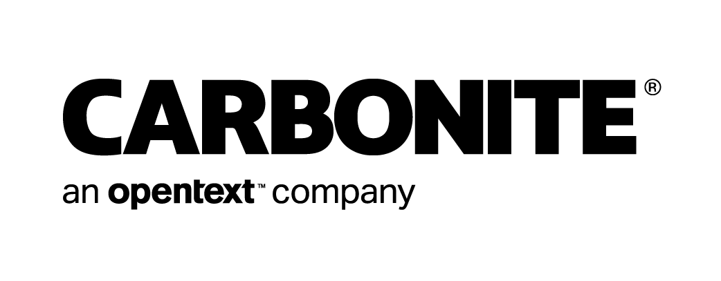 The carbonite logo is a black and white logo for an open text company.