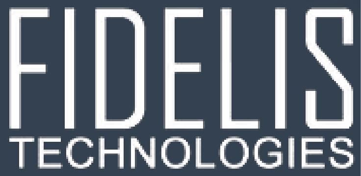 The logo for fidelis technologies is blue and white.