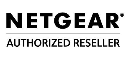 A black and white logo for netgear , an authorized reseller.