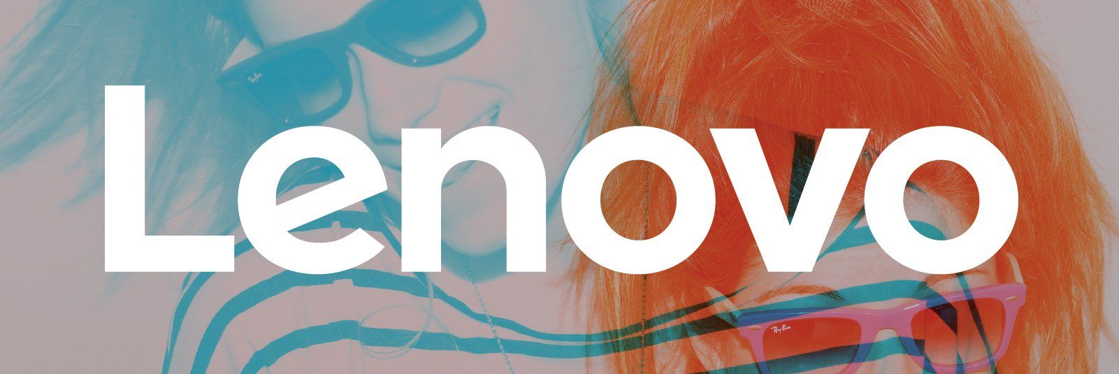 A lenovo logo with a woman 's face in the background