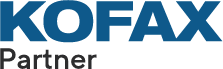 A blue kofax partner logo on a white background