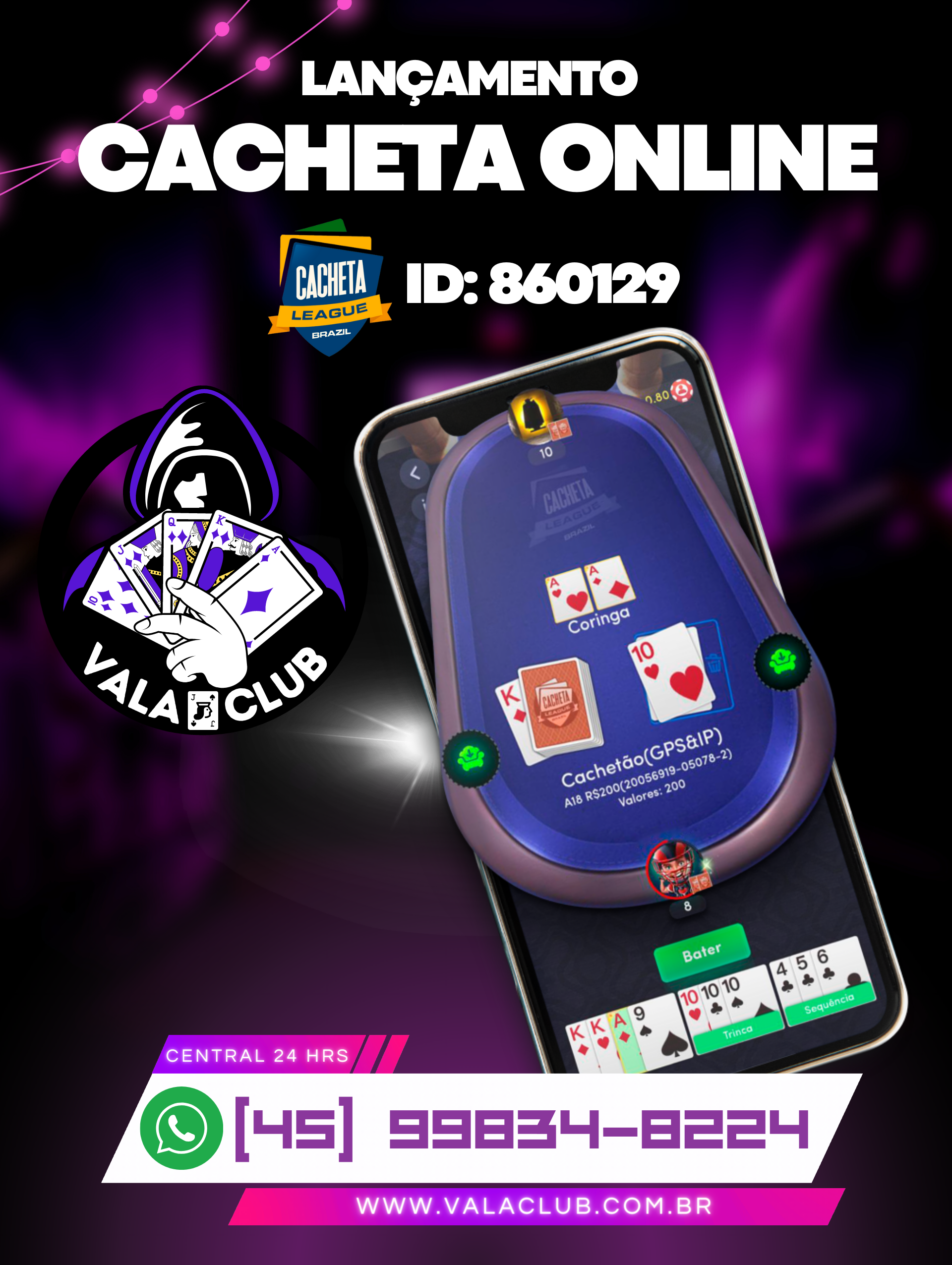 Clube de Cacheta Online - Central de Atendimento Vala Club 24 hrs
