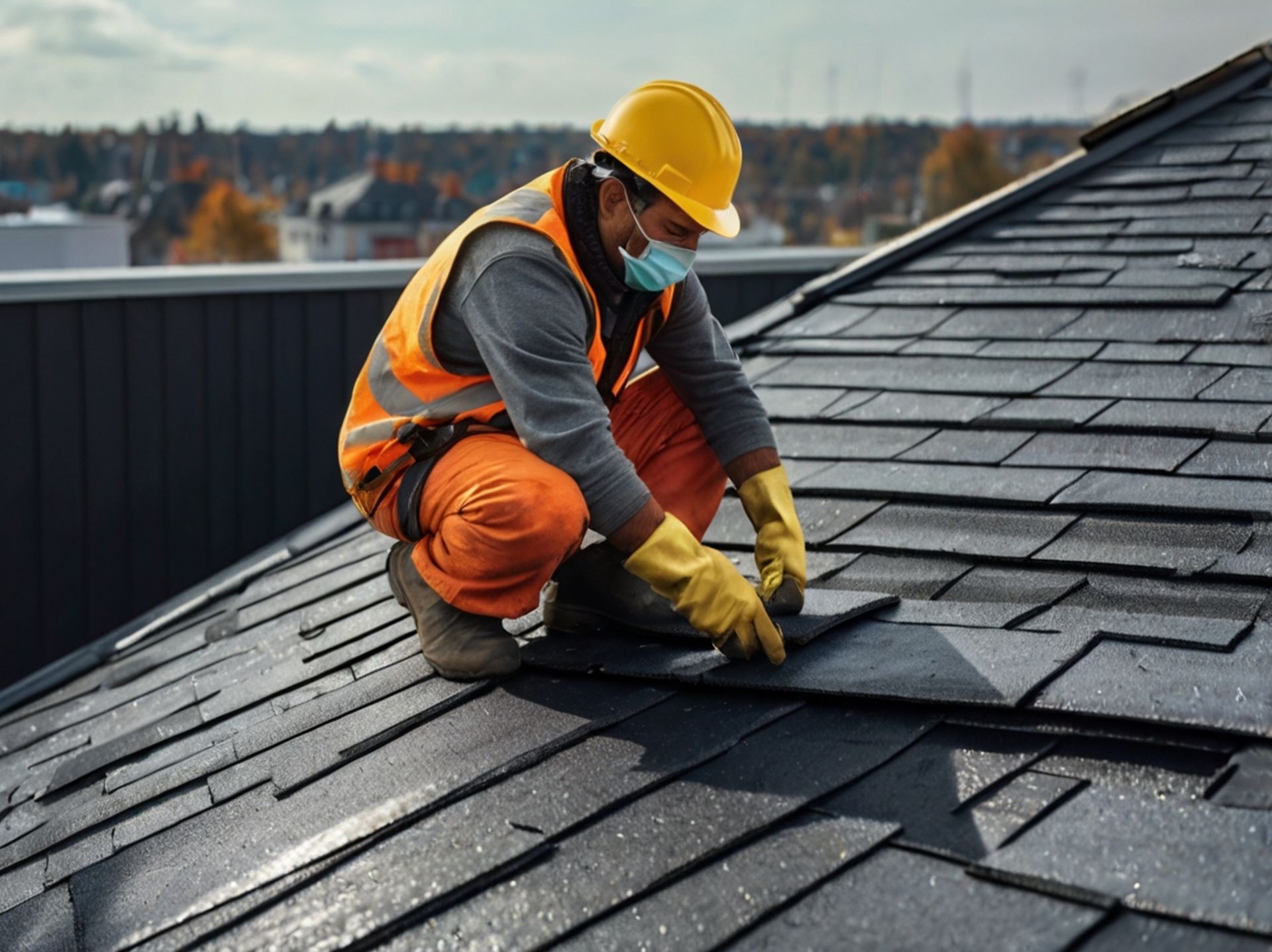 A man wearing a hard hat and a mask is working on a roof.