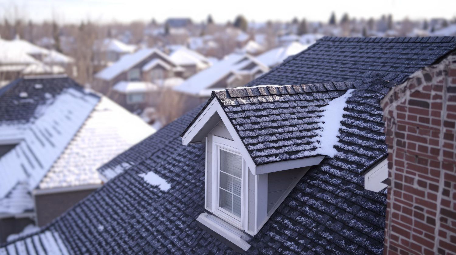 A roof with a window on it and snow on it