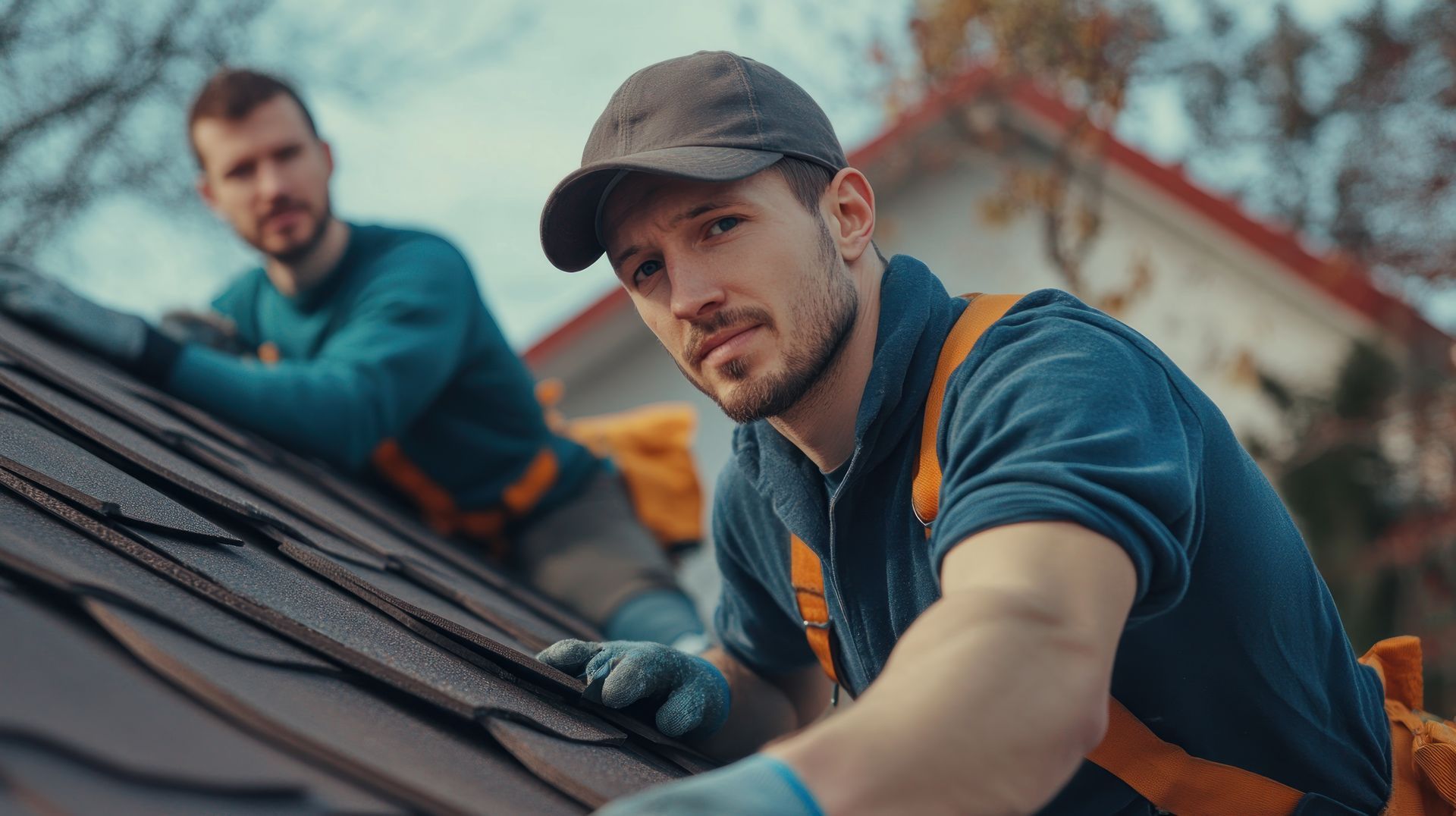 Two men are working on the roof of a house.