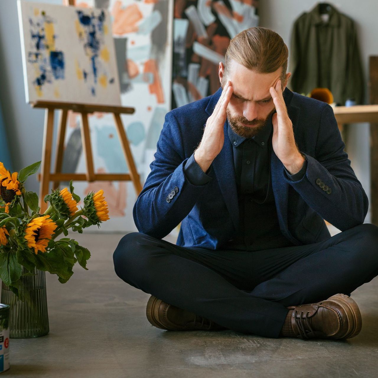 a man in a suit sits on the floor with his hands on his head