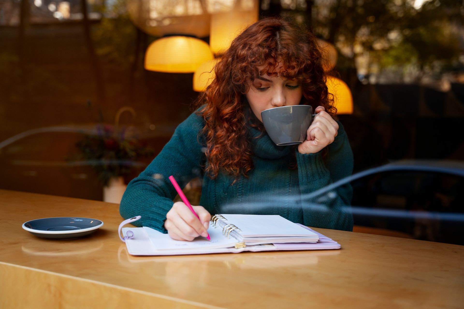 a woman drinking a cup of coffee and writing in a notebook