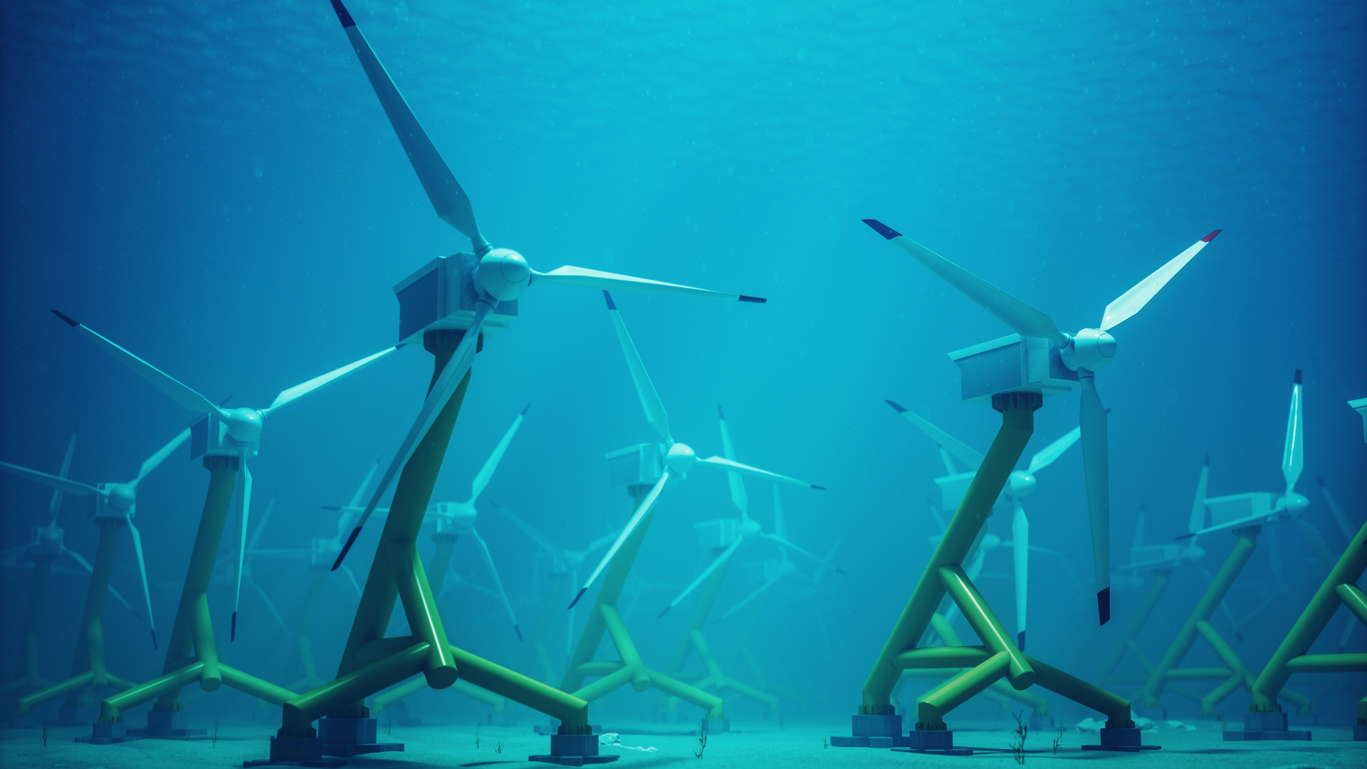 A group of wind turbines are floating in the ocean.