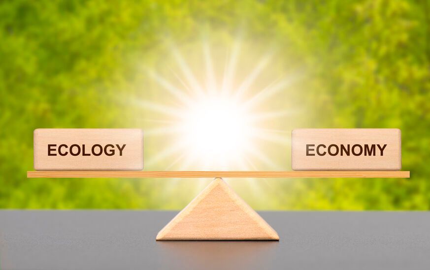 A wooden scale with the words ecology and economy on it.