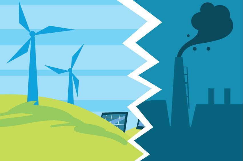 A cartoon illustration of wind turbines and a factory.