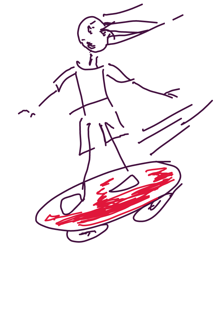 A drawing of a person riding a red skateboard