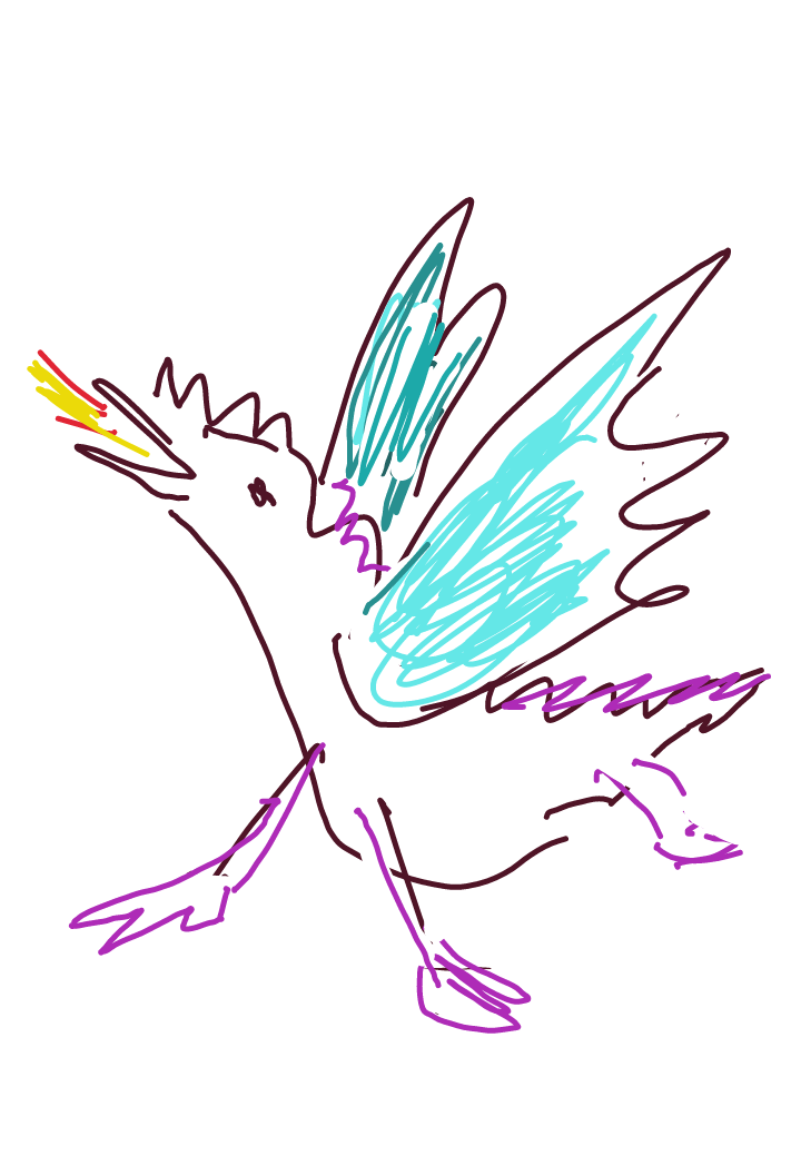 A child 's drawing of a bird with blue wings