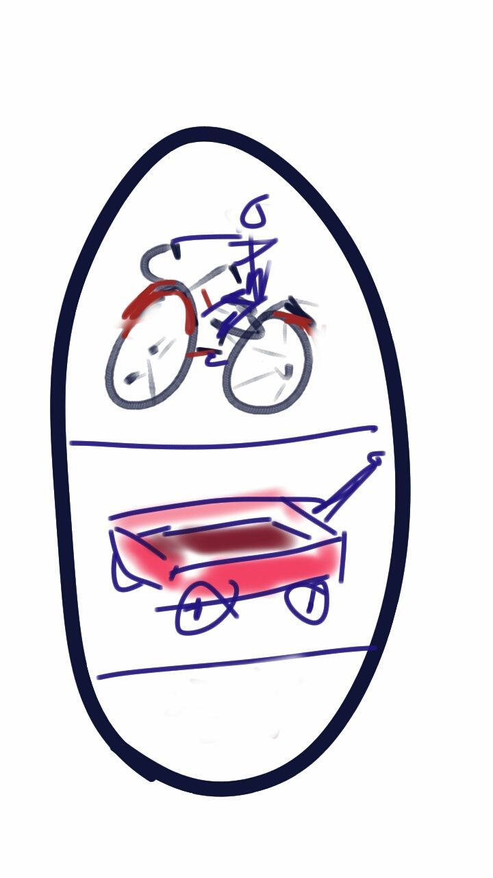 A drawing of a bicycle and a red wagon