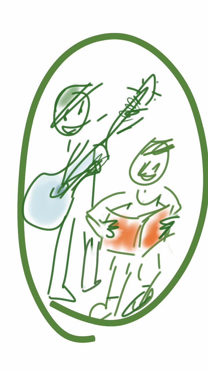 A drawing of a person playing a guitar and reading a book.