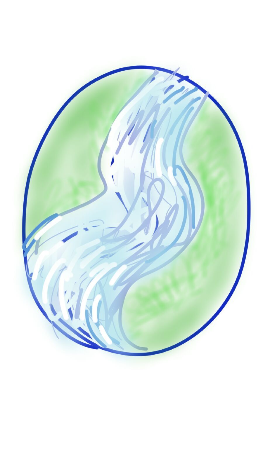 A drawing of a waterfall in a green circle.