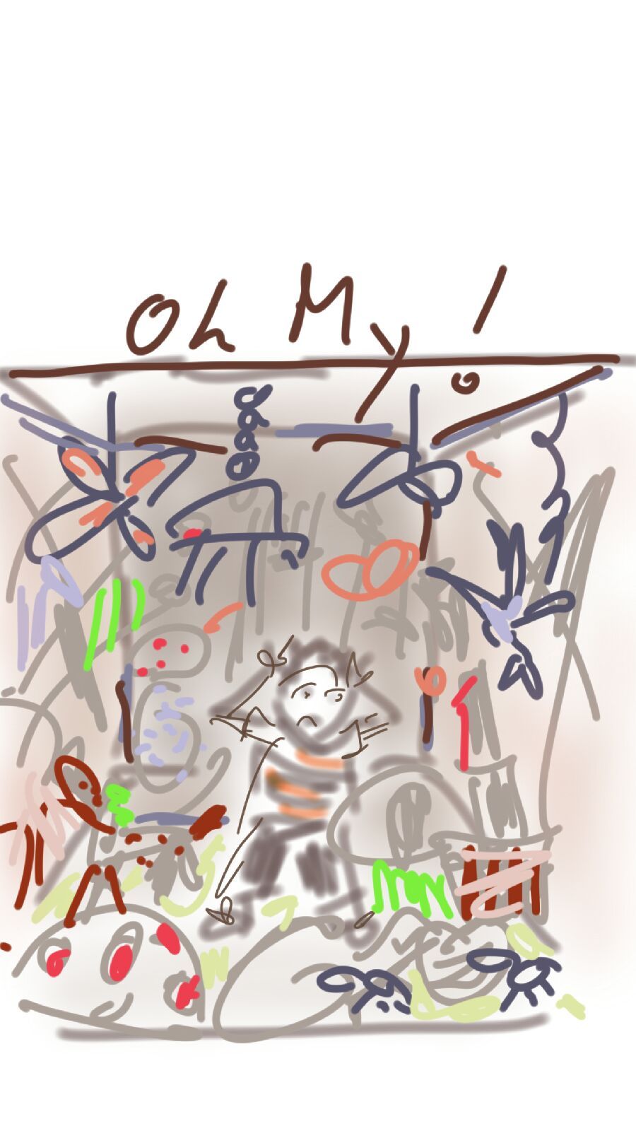 A drawing of a messy room with the words oh my