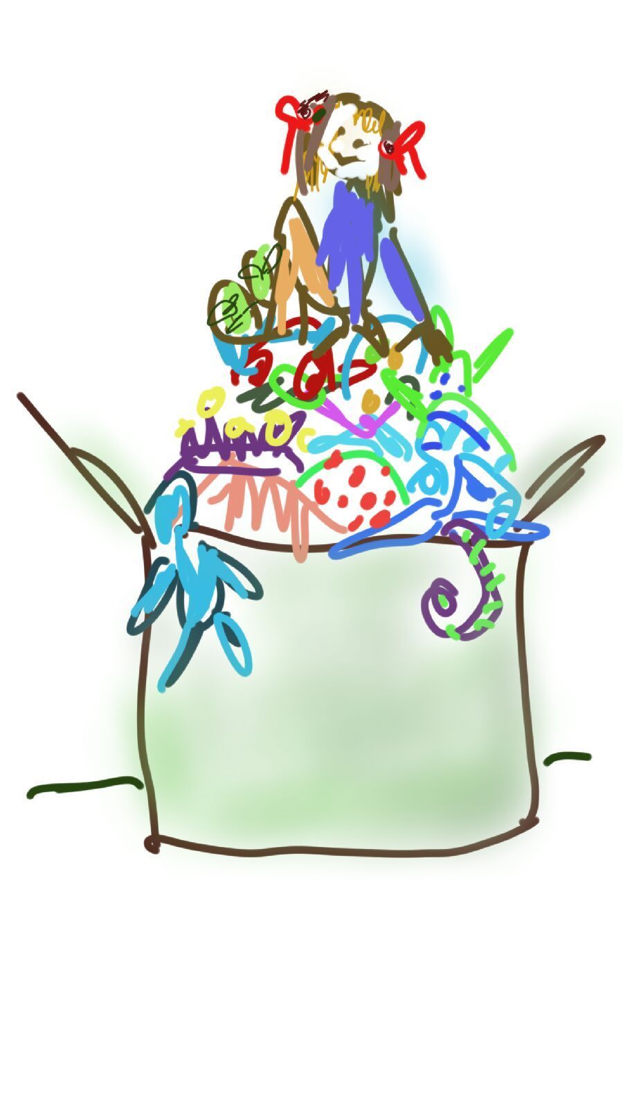 A drawing of a girl sitting on top of a box filled with toys