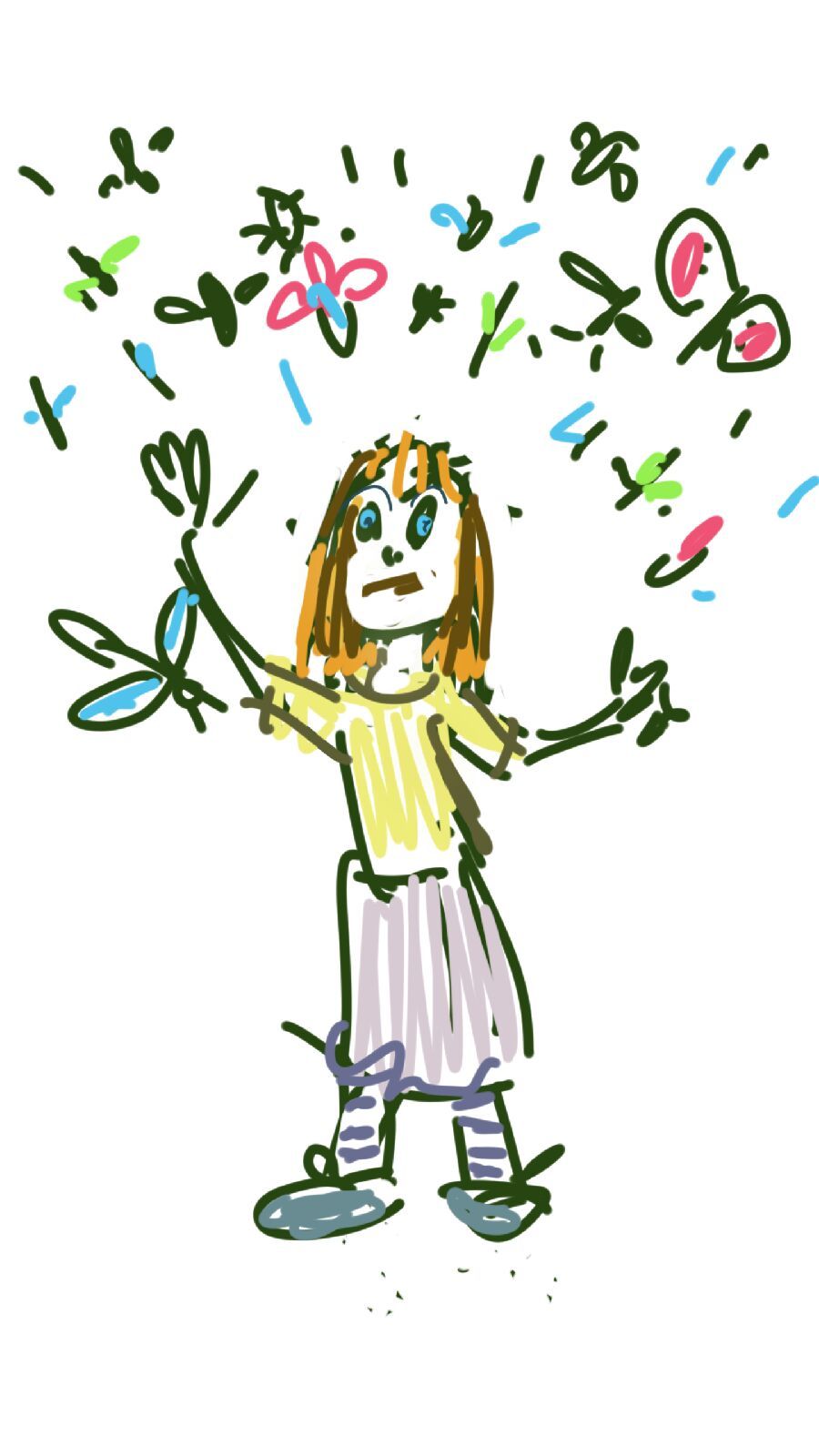 A child 's drawing of a girl holding flowers and butterflies