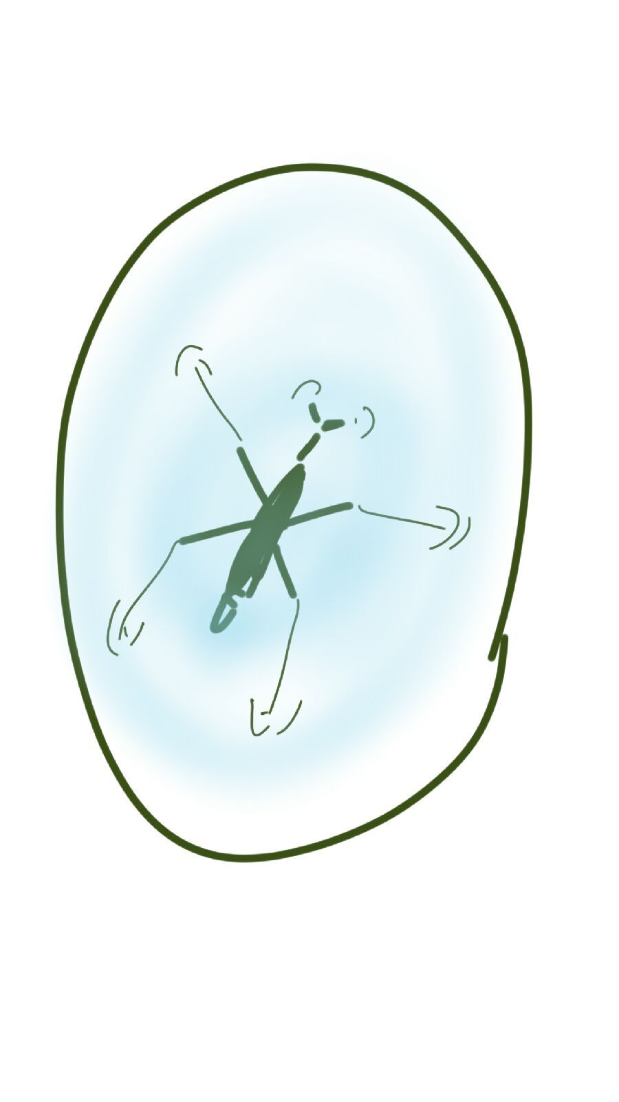 A drawing of a bug in a bubble with arrows pointing in different directions.