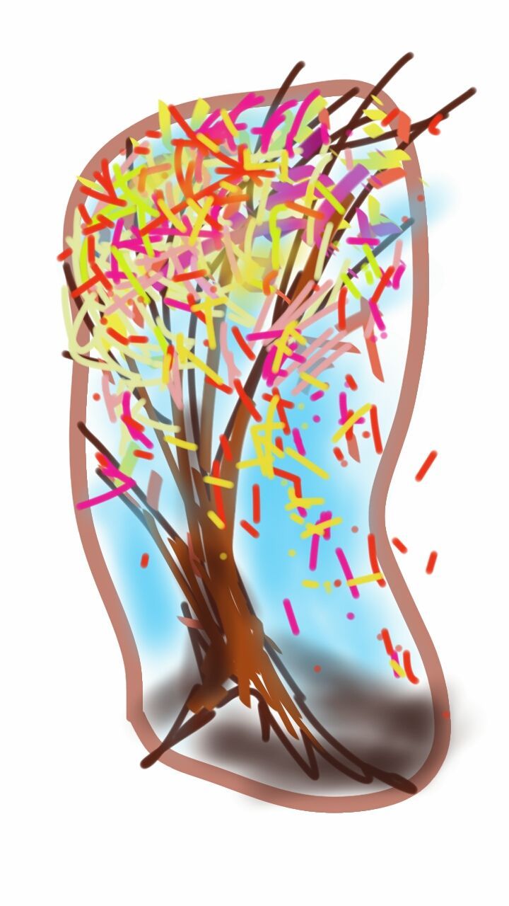 A drawing of a tree with sprinkles falling from it