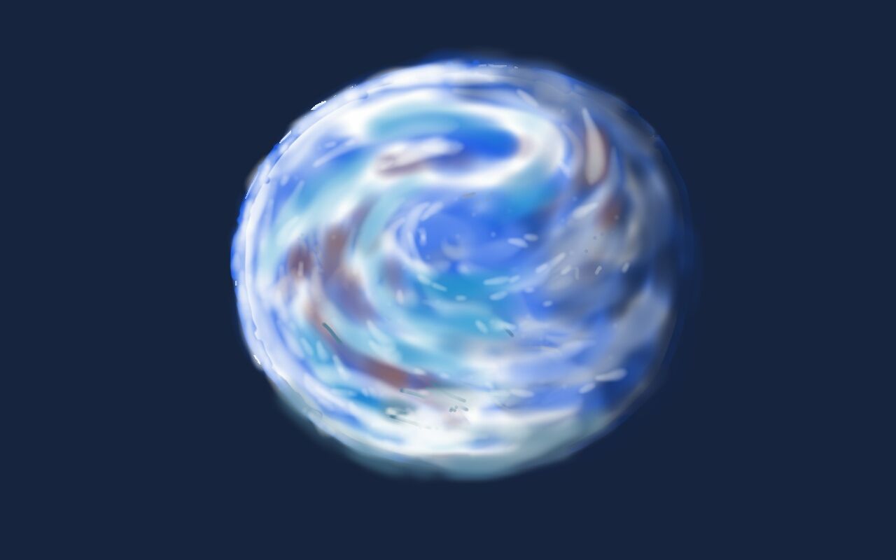 A blue and white sphere with a swirl in the middle on a dark blue background.