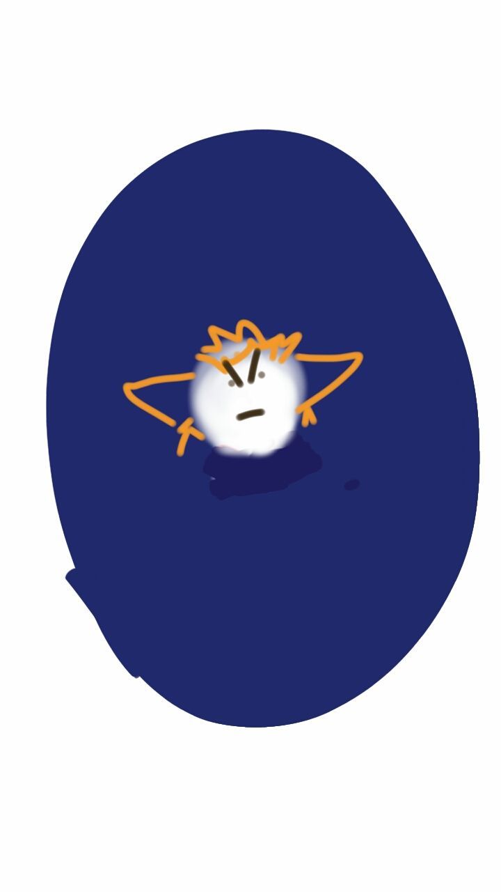 A cartoon character with a star on his head is sitting in a blue circle.