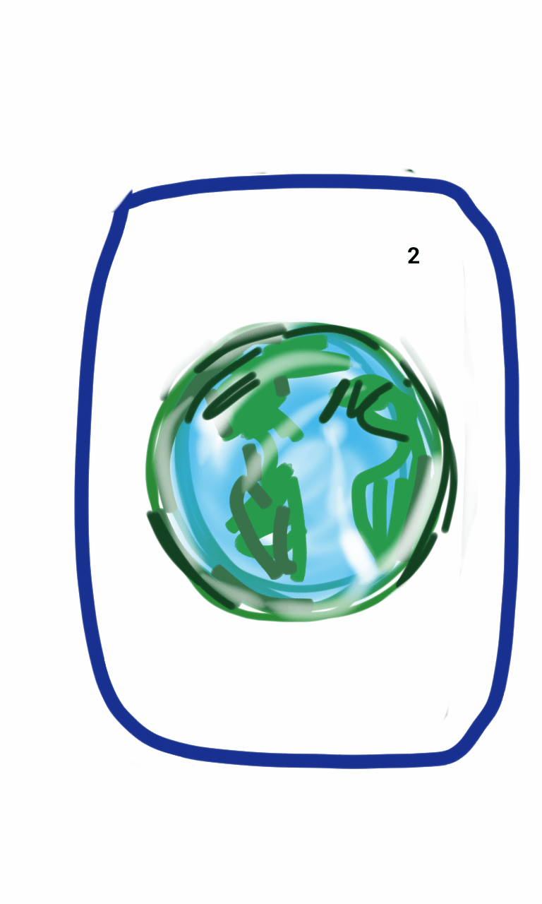 A drawing of a globe with a blue frame around it